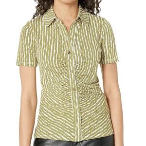MICHAEL KORS Yellow Chain Print Button Front Ruched Top Blouse Size S